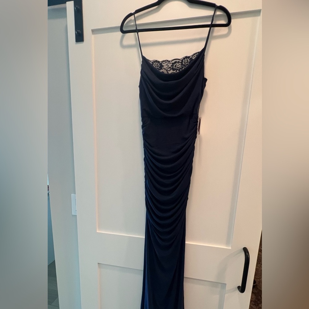 Windsor Blue Ruched One Shoulder Maxi Dress